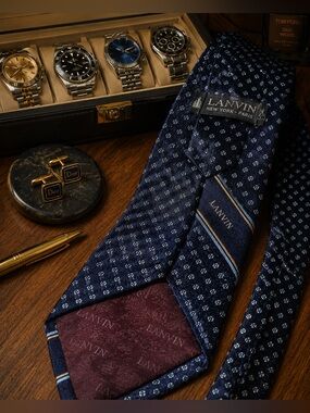 Vintage Lanvin New York Paris Silk Tie Navy Geometric Luxury Designer Necktie